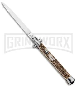 SKM 13" Stag Horn Automatic Italian Stiletto - Bayonet Satin