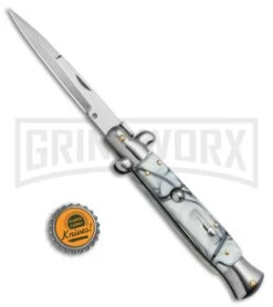 9.5" Anomaly Stiletto White Swirl Automatic Knife - Bayo Satin Plain -Knivesand Tools Shop 9.5in Anomaly Stiletto White Swirl Bayo Satin WNS A155BL BP 20258 jr bottlecap large
