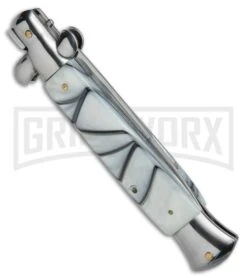 9.5" Anomaly Stiletto White Swirl Automatic Knife - Bayo Satin Plain -Knivesand Tools Shop 9.5in Anomaly Stiletto White Swirl Bayo Satin WNS A155BL BP 20258 jr side large