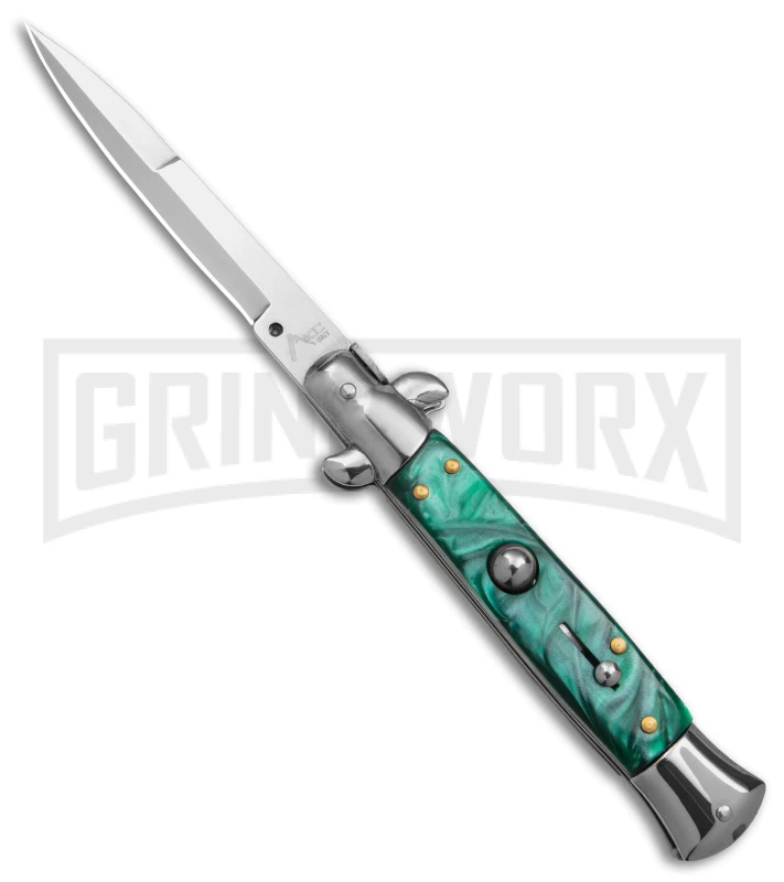 9" Anomaly Stiletto Green Pearlex Automatic Knife - Satin Bayonet 9" Anomaly Stiletto Green Pearlex Automatic Knife - Satin Bayonet -Knivesand Tools Shop 9in anomaly stiletto green pearlex automatic knife satin bayonet gx 6095 td large