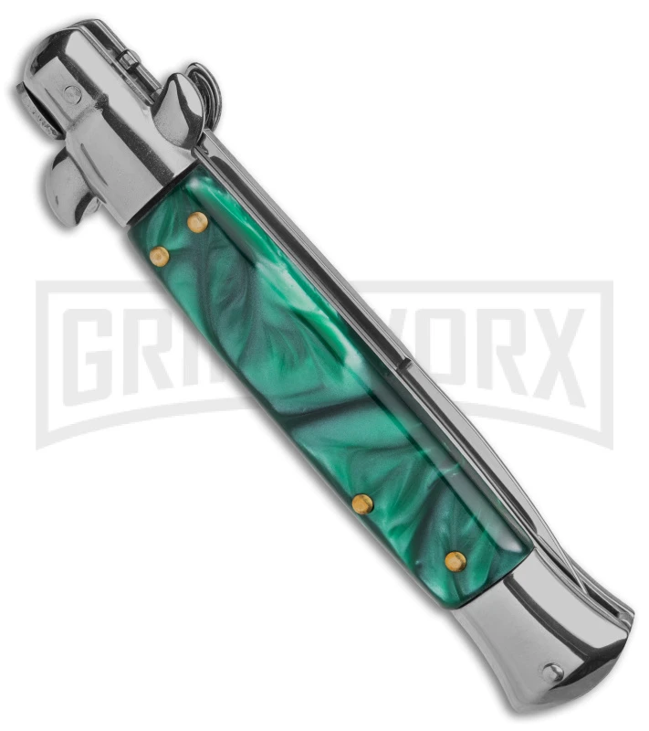 9" Anomaly Stiletto Green Pearlex Automatic Knife - Satin Bayonet 9" Anomaly Stiletto Green Pearlex Automatic Knife - Satin Bayonet -Knivesand Tools Shop 9in anomaly stiletto green pearlex automatic knife satin bayonet gx 6095 td side large