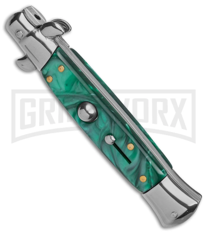 9" Anomaly Stiletto Green Pearlex Automatic Knife - Satin Bayonet 9" Anomaly Stiletto Green Pearlex Automatic Knife - Satin Bayonet -Knivesand Tools Shop 9in anomaly stiletto green pearlex automatic knife satin bayonet gx 6095 td spine large