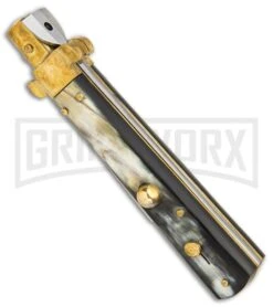 AGA Campolin 10" Brass/Dark Horn Italian Frosolone Automatic Knife - Bayonet 4 AGA Campolin 10" Brass/Dark Horn Italian Frosolone Automatic Knife - Bayonet -Knivesand Tools Shop AGA Campolin 10in Brass Dark Horn Italian Frosolone Bayonet BP 29647 er spine large