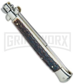 AGA Campolin 11" 2017 Italian Picklock Stag Automatic Knife - Bayonet -Knivesand Tools Shop AGA Campolin 11in Picklock Italian Stiletto Stag Horn Satin BHQ 78222 jr side large