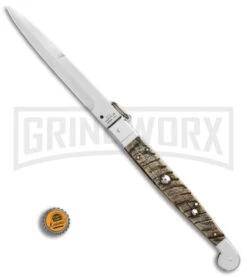 A.G.A. Campolin 16" Ram Horn Sicilian Ring Pull Automatic Knife - Bayonet 5 A.G.A. Campolin 16" Ram Horn Sicilian Ring Pull Automatic Knife - Bayonet -Knivesand Tools Shop AGA Campolin 16in Sicilian Ring Pull Auto Ram Horn Satin Bayo BHQ 87416 er bottlecap large