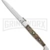 A.G.A. Campolin 16" Ram Horn Sicilian Ring Pull Automatic Knife - Bayonet 1 A.G.A. Campolin 16" Ram Horn Sicilian Ring Pull Automatic Knife - Bayonet -Knivesand Tools Shop AGA Campolin 16in Sicilian Ring Pull Auto Ram Horn Satin Bayo BHQ 87416 er large
