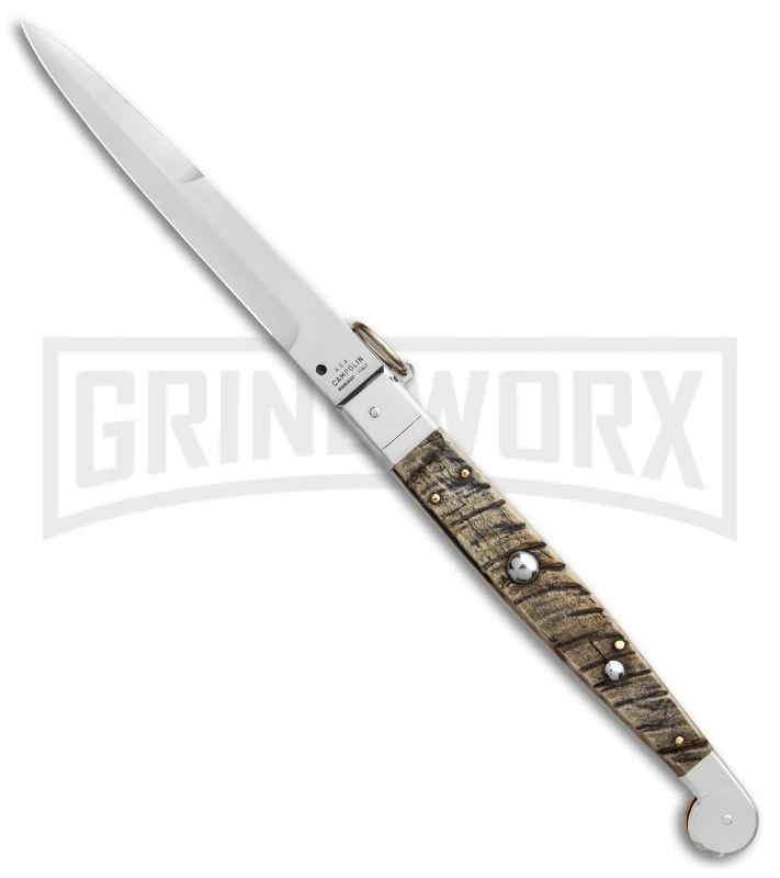 A.G.A. Campolin 16" Ram Horn Sicilian Ring Pull Automatic Knife - Bayonet A.G.A. Campolin 16" Ram Horn Sicilian Ring Pull Automatic Knife - Bayonet -Knivesand Tools Shop AGA Campolin 16in Sicilian Ring Pull Auto Ram Horn Satin Bayo BHQ 87416 er large