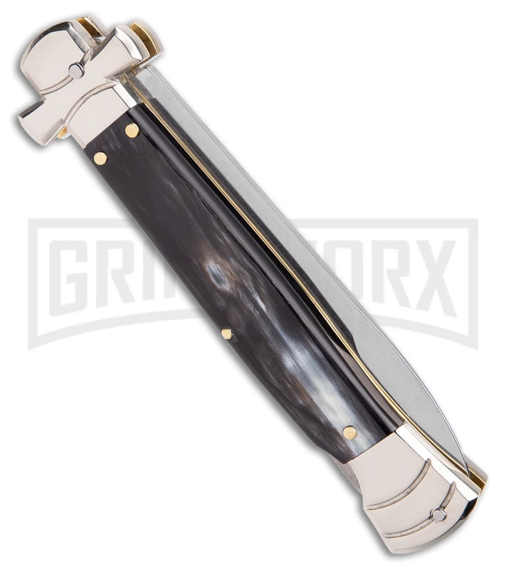 AGA Campolin 9" Maltese Cross Stiletto Horn Automatic Knife - Bayo Satin Plain AGA Campolin 9" Maltese Cross Stiletto Horn Automatic Knife - Bayo Satin Plain -Knivesand Tools Shop AGA Campolin 9in Maltese Cross Stiletto Auto Horn Bayo BHQ 177244 jr side large