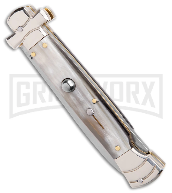 AGA Campolin 9" Maltese Cross Stiletto Horn Automatic Knife - Bayo Satin Plain AGA Campolin 9" Maltese Cross Stiletto Horn Automatic Knife - Bayo Satin Plain -Knivesand Tools Shop AGA Campolin 9in Maltese Cross Stiletto Auto Horn Bayo BHQ 177244 jr spine large