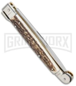 A.G.A. Campolin 9" Sicilian Stag Picklock Auto Sillito Knife - Bayonet 4 A.G.A. Campolin 9" Sicilian Stag Picklock Auto Sillito Knife - Bayonet -Knivesand Tools Shop AGA Campolin 9in Sicilian Picklock Auto Stag Horn Satin Bayo BHQ 81940 jr side large