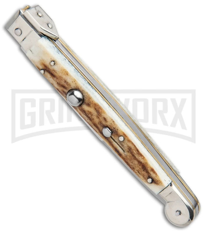 A.G.A. Campolin 9" Sicilian Stag Picklock Auto Sillito Knife - Bayonet A.G.A. Campolin 9" Sicilian Stag Picklock Auto Sillito Knife - Bayonet -Knivesand Tools Shop AGA Campolin 9in Sicilian Picklock Auto Stag Horn Satin Bayo BHQ 81940 jr spine large