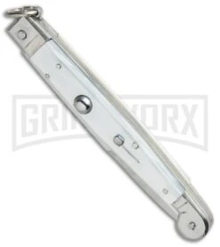 A.G.A. Campolin 9" Sicilian Ring Pull White Pearlex Automatic Knife - Bayonet -Knivesand Tools Shop AGA Campolin 9in Sicilian White Pearlex Ring Pull Bayo BP 19445 jr spine large