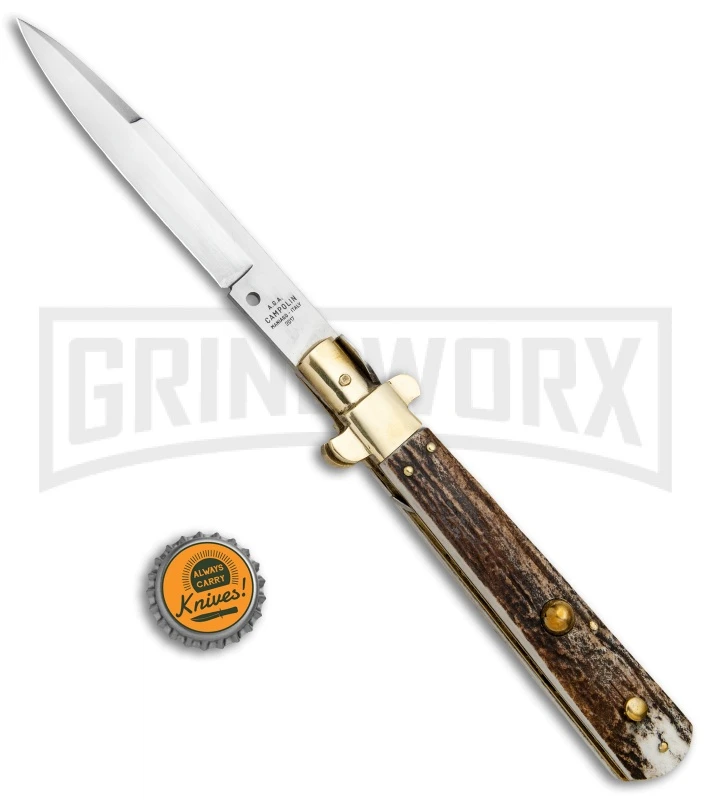 AGA Campolin 11" Frosolone Stag/Brass Stiletto Automatic Knife - Bayonet AGA Campolin 11" Frosolone Stag/Brass Stiletto Automatic Knife - Bayonet -Knivesand Tools Shop AGA Frosolone Stag Brass 11in Bayo BP 29297 jr bottlecap large