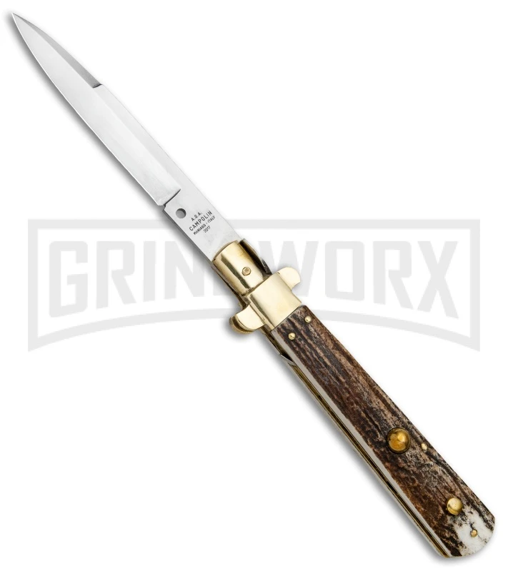 AGA Campolin 11" Frosolone Stag/Brass Stiletto Automatic Knife - Bayonet AGA Campolin 11" Frosolone Stag/Brass Stiletto Automatic Knife - Bayonet -Knivesand Tools Shop AGA Frosolone Stag Brass 11in Bayo BP 29297 jr large