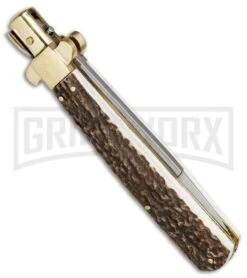 AGA Campolin 11" Frosolone Stag/Brass Stiletto Automatic Knife - Bayonet 4 AGA Campolin 11" Frosolone Stag/Brass Stiletto Automatic Knife - Bayonet -Knivesand Tools Shop AGA Frosolone Stag Brass 11in Bayo BP 29297 jr side large