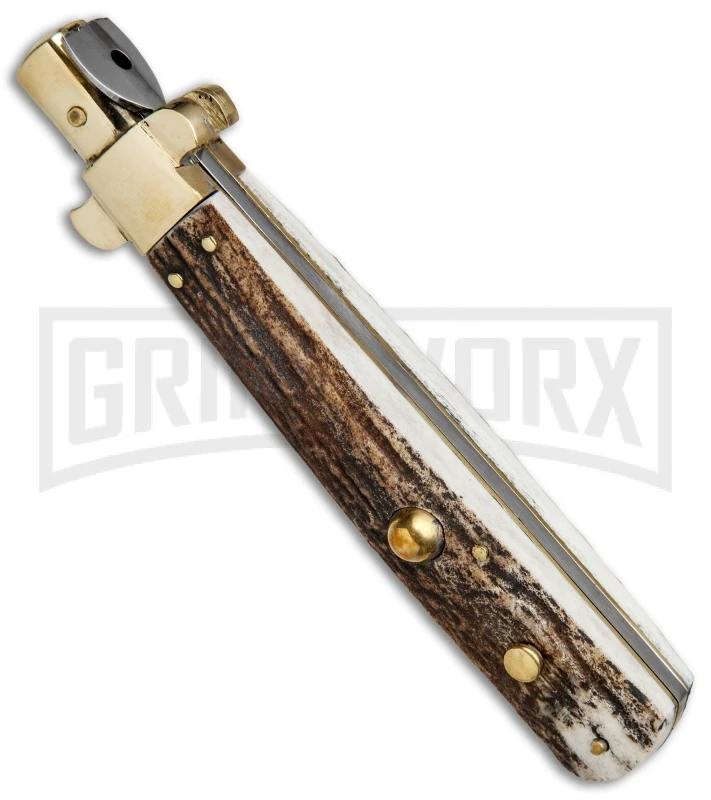 AGA Campolin 11" Frosolone Stag/Brass Stiletto Automatic Knife - Bayonet AGA Campolin 11" Frosolone Stag/Brass Stiletto Automatic Knife - Bayonet -Knivesand Tools Shop AGA Frosolone Stag Brass 11in Bayo BP 29297 jr spine large