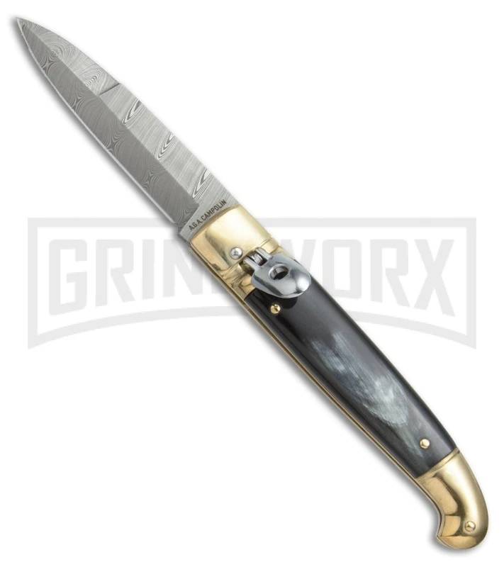 AGA Campolin Dark Horn Brass Lever Lock Automatic Knife - Damascus Plain AGA Campolin Dark Horn Brass Lever Lock Automatic Knife - Damascus Plain -Knivesand Tools Shop AGA Lever Brass Damascus Braz Horn BP 18726 jr large