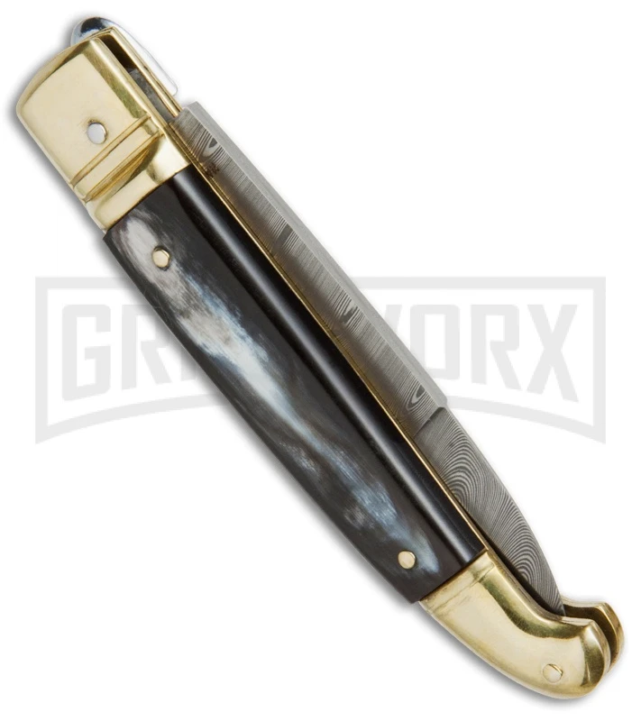 AGA Campolin Dark Horn Brass Lever Lock Automatic Knife - Damascus Plain AGA Campolin Dark Horn Brass Lever Lock Automatic Knife - Damascus Plain -Knivesand Tools Shop AGA Lever Brass Damascus Braz Horn BP 18726 jr side large