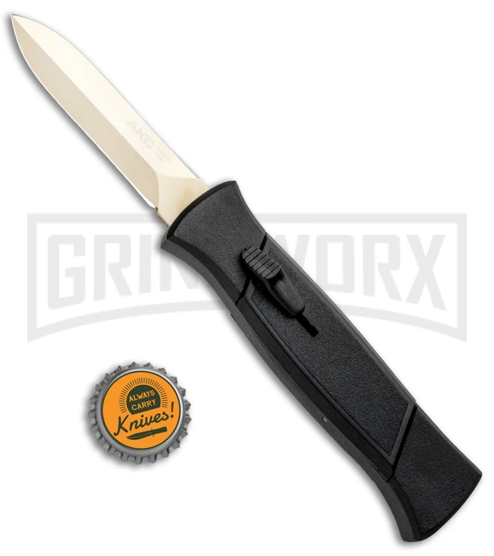 AKC 777 Blackfinger Black OTF Automatic Knife - Dagger Gold Plain AKC 777 Blackfinger Black OTF Automatic Knife - Dagger Gold Plain -Knivesand Tools Shop AKC 777 Blackfinger OTF Auto Black Gold Dagger BHQ 92040 jr bottlecap large