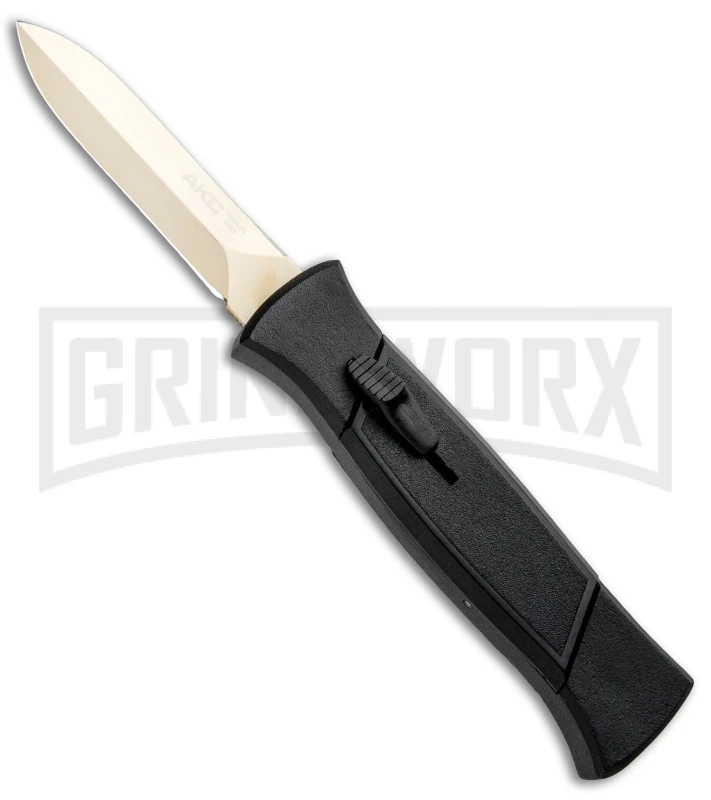 AKC 777 Blackfinger Black OTF Automatic Knife - Dagger Gold Plain AKC 777 Blackfinger Black OTF Automatic Knife - Dagger Gold Plain -Knivesand Tools Shop AKC 777 Blackfinger OTF Auto Black Gold Dagger BHQ 92040 jr large