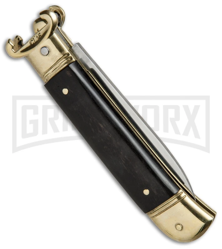 AKC 8" Shot Shell Puller Lever Lock Ebony w/ Brass Automatic Knife - Flat Plain AKC 8" Shot Shell Puller Lever Lock Ebony W/ Brass Automatic Knife - Flat Plain -Knivesand Tools Shop AKC 8in Shot Puller LL Ebony Wood Brass BP 19885 jr side large
