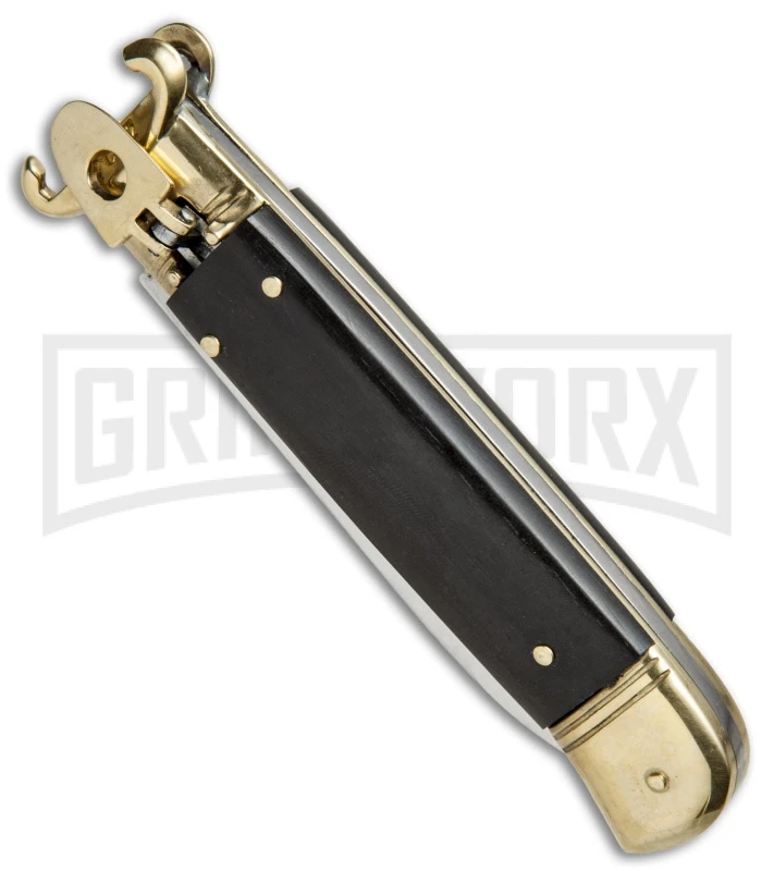 AKC 8" Shot Shell Puller Lever Lock Ebony w/ Brass Automatic Knife - Flat Plain AKC 8" Shot Shell Puller Lever Lock Ebony W/ Brass Automatic Knife - Flat Plain -Knivesand Tools Shop AKC 8in Shot Puller LL Ebony Wood Brass BP 19885 jr spine large