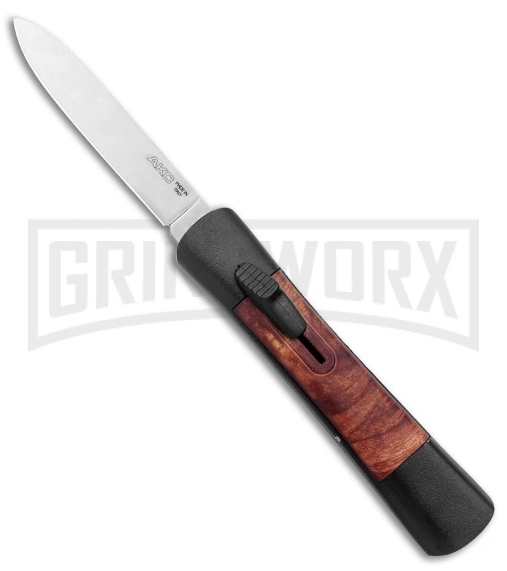 AKC Concord Briar Wood OTF Automatic Knife - Plain Satin Flat AKC Concord Briar Wood OTF Automatic Knife - Plain Satin Flat -Knivesand Tools Shop AKC Concord OTF Auto Briar Wood Satin GX 37553 jr large