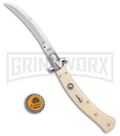 AKC Curved Stiletto Ivory Automatic Knife - Satin Plain -Knivesand Tools Shop AKC Curved Stiletto Ivory Auto Satin GX 41026 jr bottlecap large