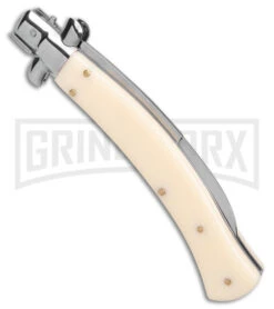AKC Curved Stiletto Ivory Automatic Knife - Satin Plain -Knivesand Tools Shop AKC Curved Stiletto Ivory Auto Satin GX 41026 jr side large