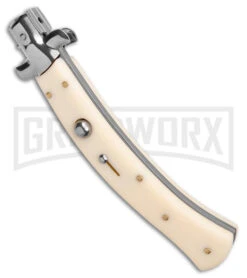 AKC Curved Stiletto Ivory Automatic Knife - Satin Plain -Knivesand Tools Shop AKC Curved Stiletto Ivory Auto Satin GX 41026 jr spine large