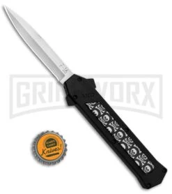 AKC F-16 Skulls D/A OTF Automatic Knife - Bayo Satin Plain -Knivesand Tools Shop AKC F 16 DA Bayo OTF Auto Skulls Satin BHQ 84593 jr bottlecap large