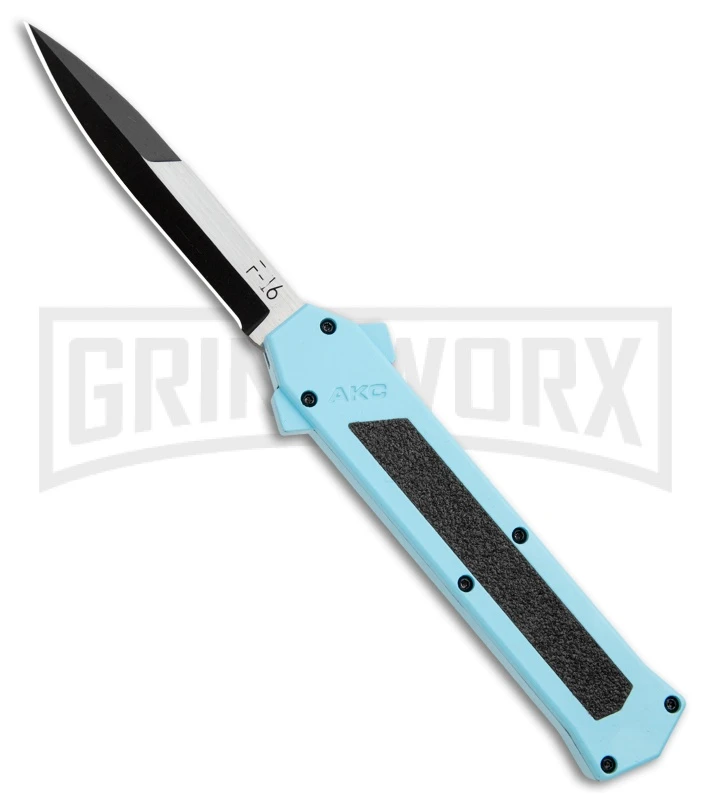 AKC F-16 Teal D/A OTF Automatic Knife - Bayonet Two Tone Plain AKC F-16 Teal D/A OTF Automatic Knife - Bayonet Two Tone Plain -Knivesand Tools Shop AKC F 16 Teal DA OTF Auto Bayo TT Plain GX 35011 jr large