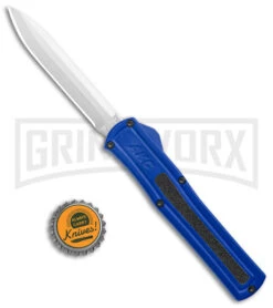 AKC F-20 Blue D/A OTF Automatic Knife - Spear Point Satin Plain -Knivesand Tools Shop AKC F 20 DA Dagger OTF Auto Blue Satin BHQ 140833 jr bottlecap large