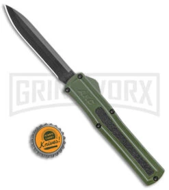 AKC F-20 Green D/A OTF Automatic Knife - Black Plain -Knivesand Tools Shop AKC F 20 DA Dagger OTF Auto OD Green Black BHQ 140846 jr bottlecap large
