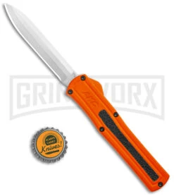 AKC F-20 Orange D/A OTF Drop Point Automatic Knife - Satin Plain -Knivesand Tools Shop AKC F 20 DA Dagger OTF Auto Orange Satin BHQ 140491 jr bottlecap large