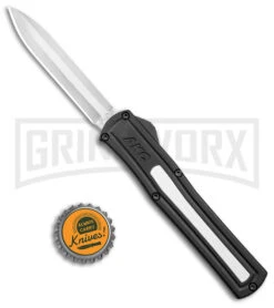 AKC F-20 Black W/ White Inlay D/A OTF Automatic Knife - Satin Plain -Knivesand Tools Shop AKC F 20 DA SP OTF Auto Black White Inlay Satin BHQ 152917 jr bottlecap large