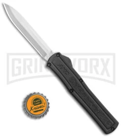 AKC F-20 Black D/A OTF Automatic Knife - Spear Point Satin Plain -Knivesand Tools Shop AKC F 20 DA SP OTF Auto black Satin BHQ 141097 jr bottlecap large