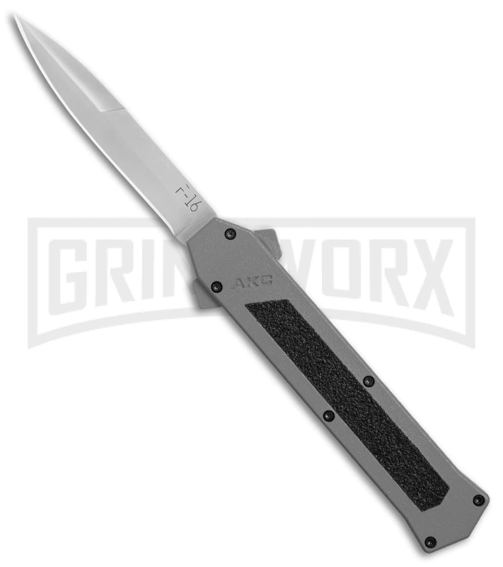 AKC F-16 Gray D/A OTF Automatic Knife - Bayo Satin Plain AKC F-16 Gray D/A OTF Automatic Knife - Bayo Satin Plain -Knivesand Tools Shop AKC F16 DA Bayo Satin Plain BP 25691 er large