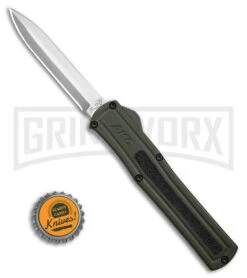 AKC F-20 D/A OTF OD Green Aluminum Automatic Knife - Satin Plain -Knivesand Tools Shop AKC F20 DA OTF AK Dagger OD Green Alum 3in Satin BHQ 178613 td size large