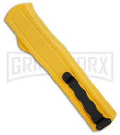 AKC F-20 D/A Dagger Yellow Aluminum OTF Automatic Knife - Satin Plain -Knivesand Tools Shop AKC F20 DA OTF AK Dagger yellow Alum 3in Satin BHQ 178761 td side large