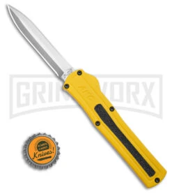 AKC F-20 D/A Dagger Yellow Aluminum OTF Automatic Knife - Satin Plain -Knivesand Tools Shop AKC F20 DA OTF AK Dagger yellow Alum 3in Satin BHQ 178761 td size large