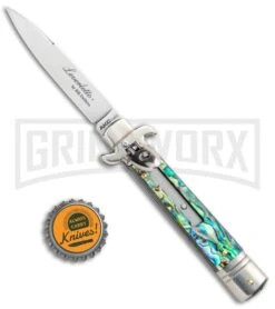 AKC 7.75" Leverletto Abalone Automatic Knife - Flat -Knivesand Tools Shop AKC Leverletto 7.75 Auto Italian Stiletto Abalone Satin Flat BHQ 104097 jr bottlecap large