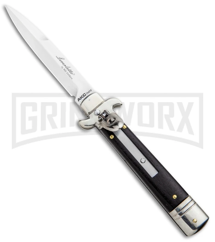 AKC 7.75" Leverletto Ebony Automatic Knife - Satin Bayonet AKC 7.75" Leverletto Ebony Automatic Knife - Satin Bayonet -Knivesand Tools Shop AKC Leverletto LL Auto Ebony Bayo BHQ 92878 jr large