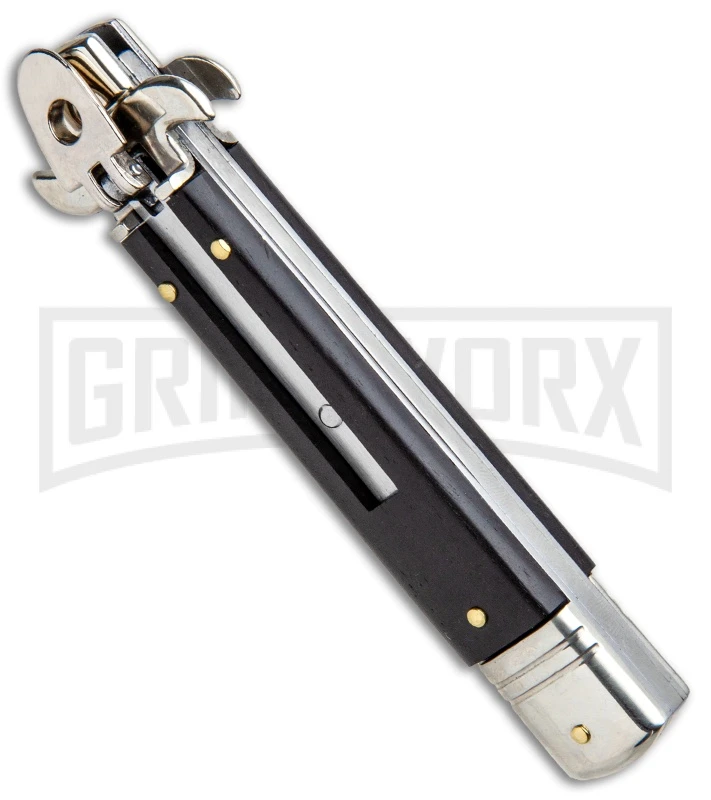 AKC 7.75" Leverletto Ebony Automatic Knife - Satin Bayonet AKC 7.75" Leverletto Ebony Automatic Knife - Satin Bayonet -Knivesand Tools Shop AKC Leverletto LL Auto Ebony Bayo BHQ 92878 jr spine large