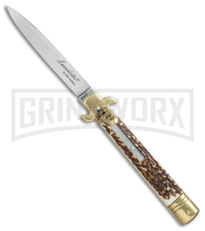 AKC 9" Leverletto Stag Horn Brass Automatic Knife - Flat Grind AKC 9" Leverletto Stag Horn Brass Automatic Knife - Flat Grind -Knivesand Tools Shop AKC leverletto stag horn brass flat BP 18946 er large