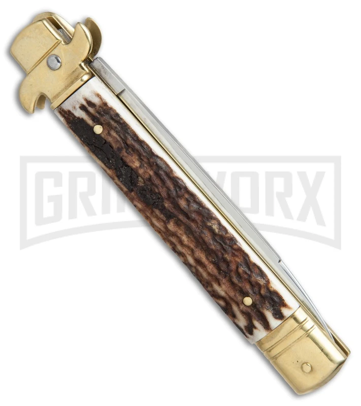 AKC 9" Leverletto Stag Horn Brass Automatic Knife - Flat Grind AKC 9" Leverletto Stag Horn Brass Automatic Knife - Flat Grind -Knivesand Tools Shop AKC leverletto stag horn brass flat BP 18946 er side large