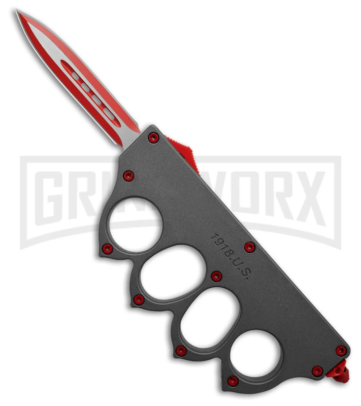 Atomic 1918 Gray OTF Automatic Knuckle Dagger Knife - Red Plain Atomic 1918 Gray OTF Automatic Knuckle Dagger Knife - Red Plain -Knivesand Tools Shop Atomic 1918 Gray OTF Automatic Knuckle Knife Dagger Red Satin GX 41589 td large