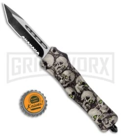 Atomic Defender Medium OTF Skull Tanto Knife - (3.25" Satin) -Knivesand Tools Shop Atomic Defender Medium OTF Auto White Skull TT Tanto Serr GX 37415 jr bottlecap large