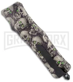 Atomic Defender Medium OTF Skull Tanto Knife - (3.25" Satin) -Knivesand Tools Shop Atomic Defender Medium OTF Auto White Skull TT Tanto Serr GX 37415 jr side large