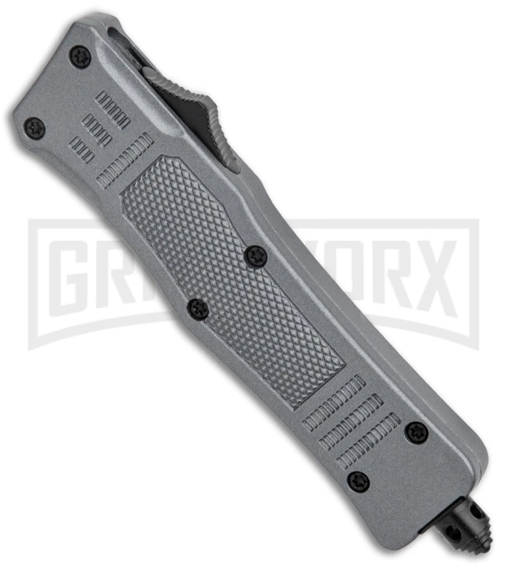 Atomic Defender Mini OTF Automatic Knife Gray - Two Tone Drop Point Serr Atomic Defender Mini OTF Automatic Knife Gray - Two Tone Drop Point Serr -Knivesand Tools Shop Atomic Defender Mini OTF Auto Gray TT DP Serr GX 37470 jr spine large